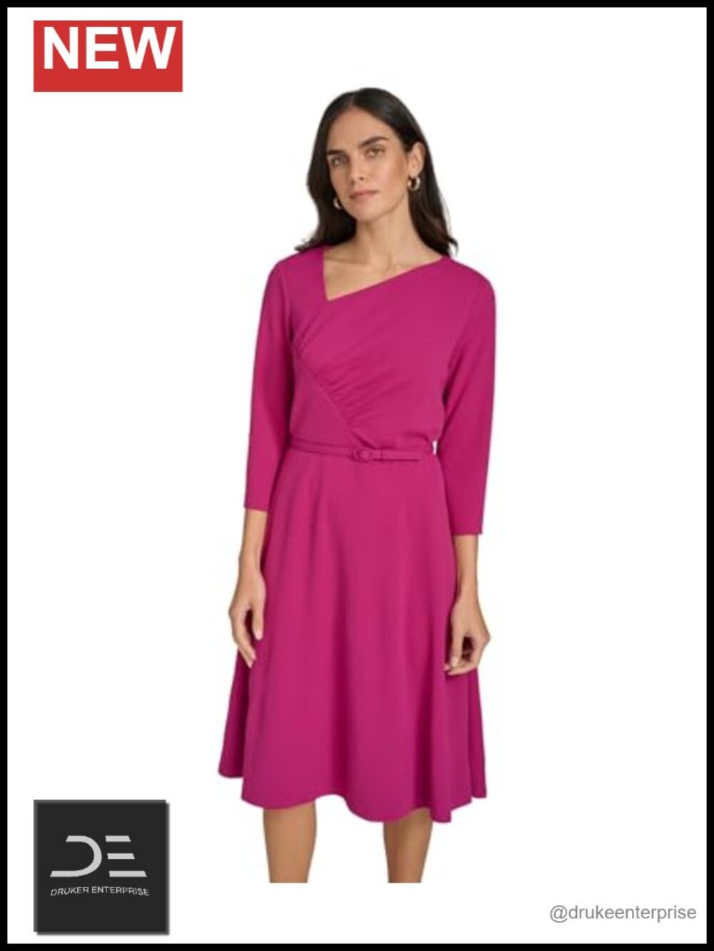 Scuba Crepe Asym Rouched Neck Midi Dress with Belt